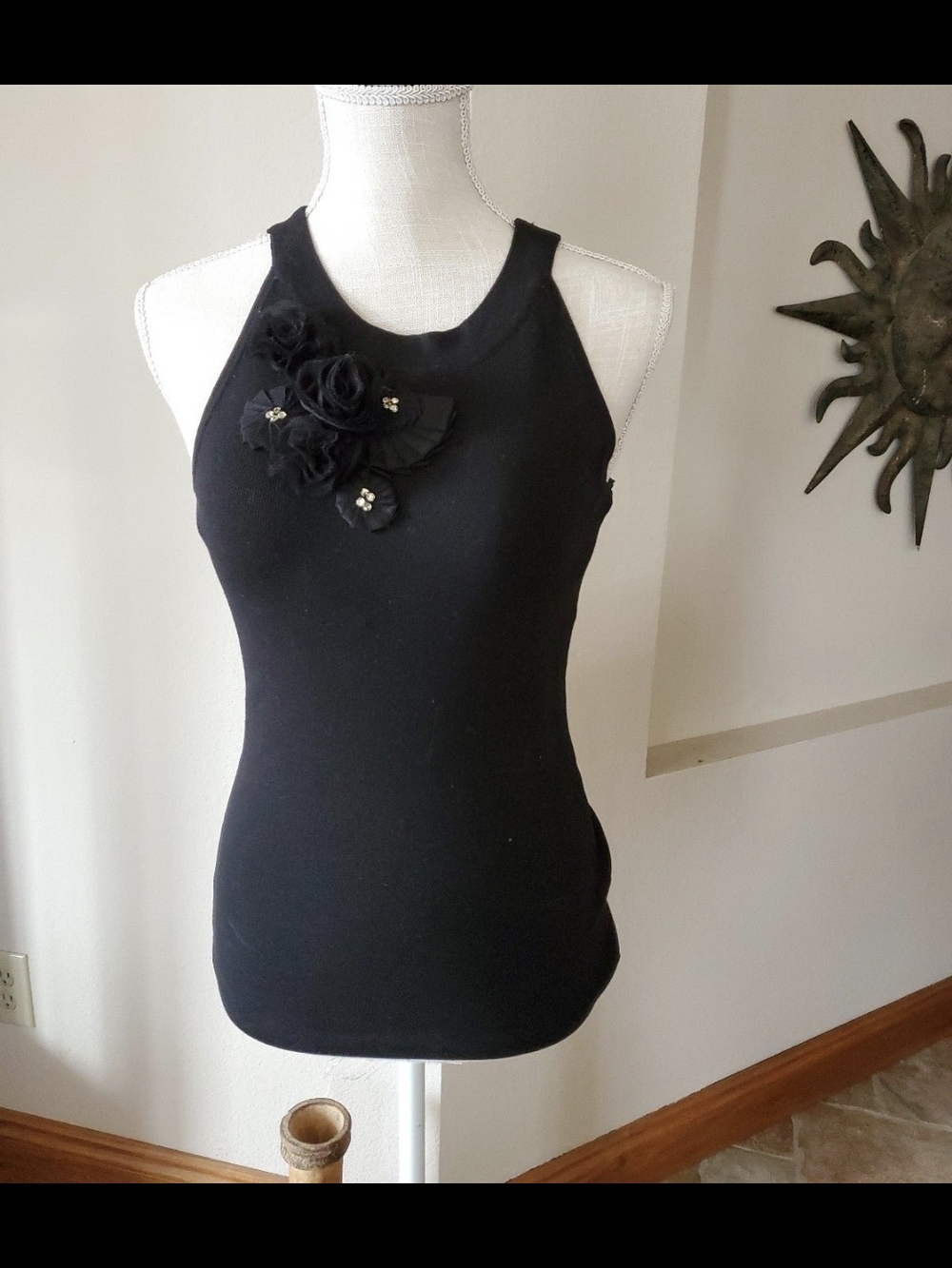 Black Floral Appliqué Racerback Sweater Knit Tank Top - XS